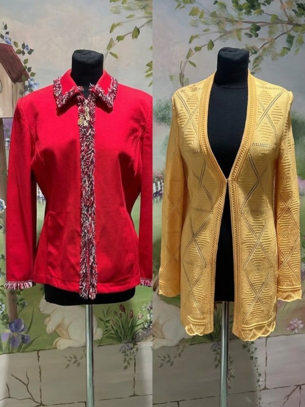 Vintage St John Sport Marie Gray 2pc Red Fringe Blazer & Yellow Knit Cardigan.
